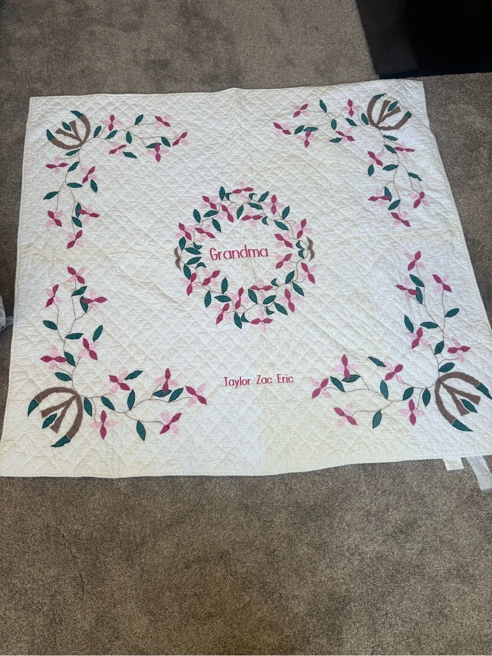 Personalized 'Grandma' White Quilted Throw with Pink & Green Floral Appliqué